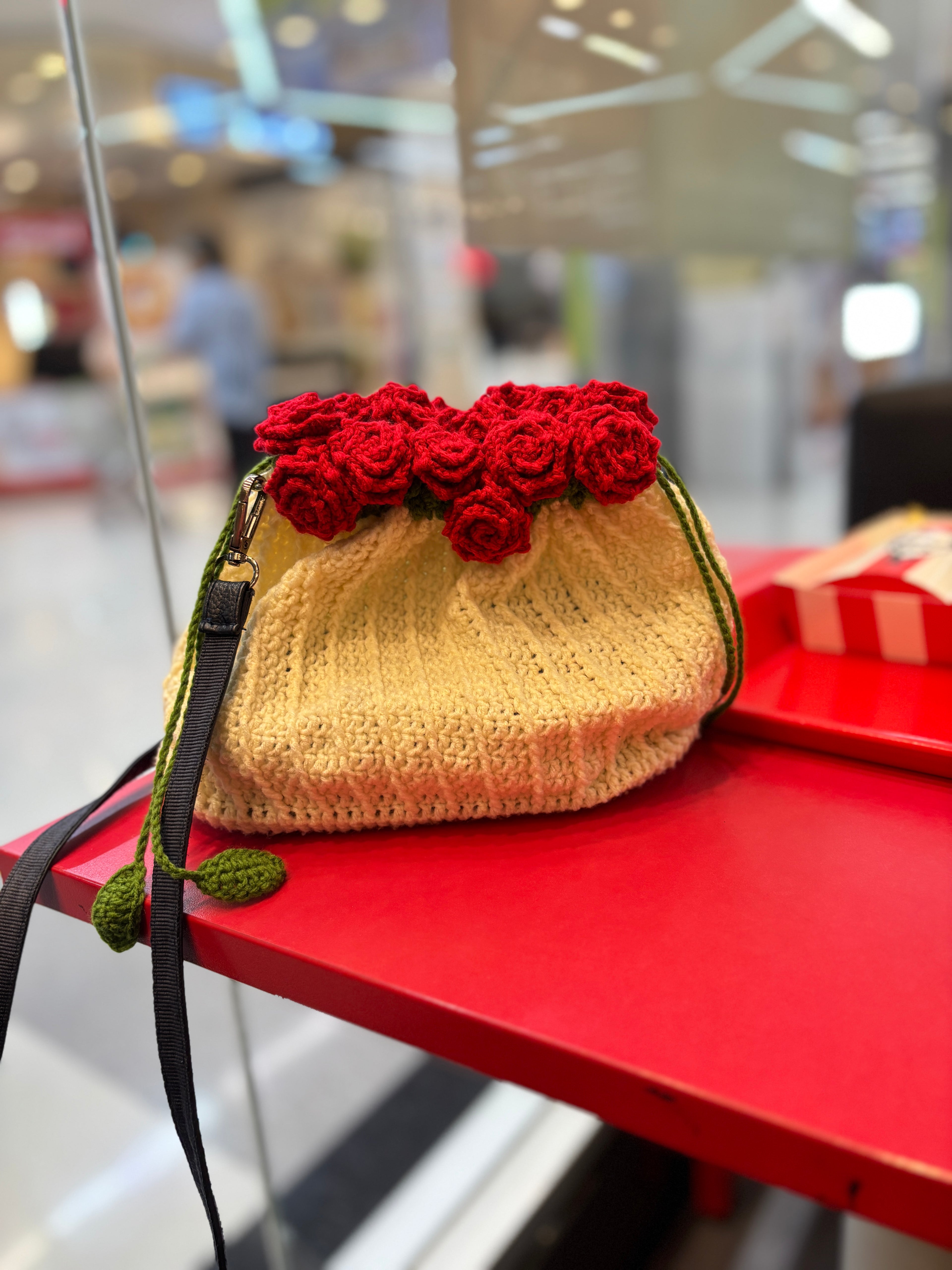 Handmade Crochet Rose Bucket Bag with Leather Bottom & Leather Strap | Elegant Floral Shoulder Bag | Nesty Crafters
