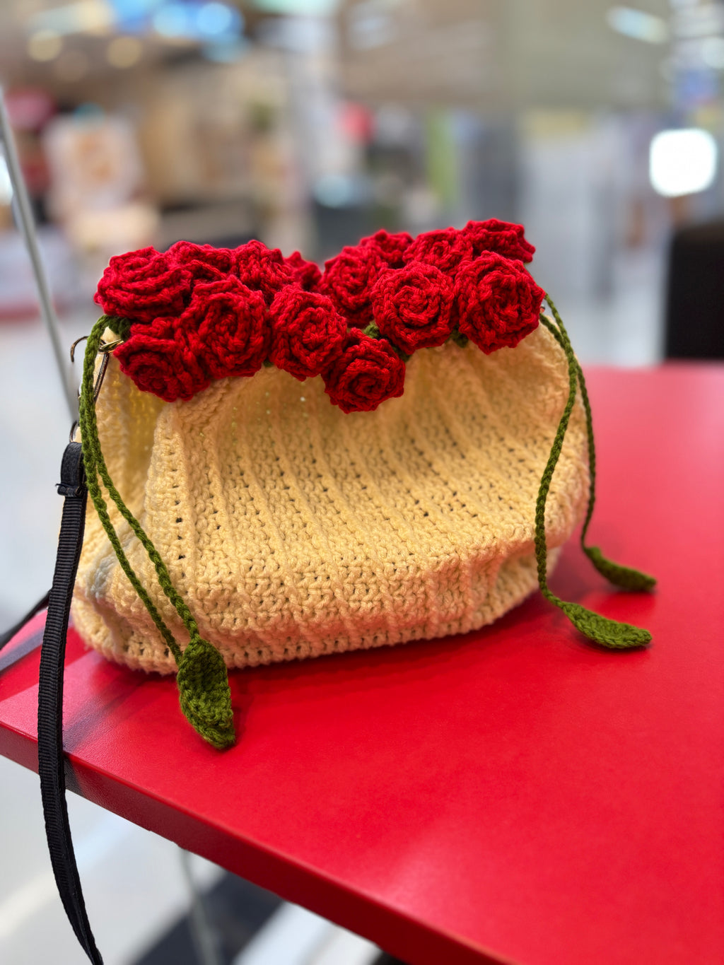 Handmade Crochet Rose Bucket Bag with Leather Bottom & Leather Strap | Elegant Floral Shoulder Bag | Nesty Crafters