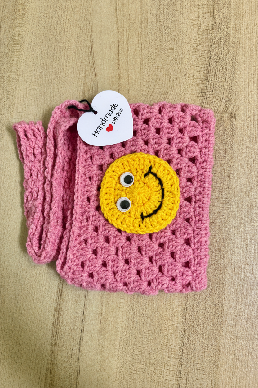 Handmade Crochet Smiley Face Mini Crossbody Bag for Girls | Cute Kids Crochet Sling Bag | Handmade Small Purse | Nesty Crafters
