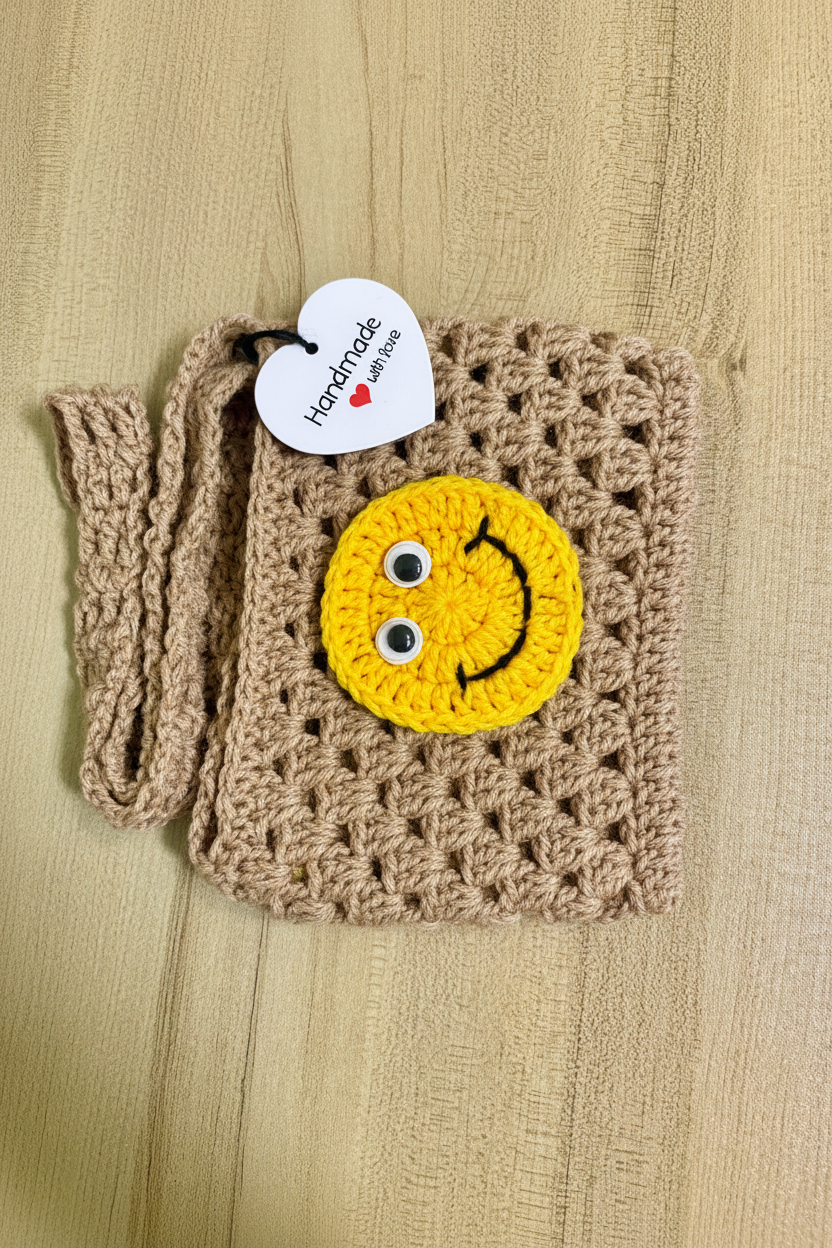 Handmade Crochet Smiley Face Mini Crossbody Bag for Girls | Cute Kids Crochet Sling Bag | Handmade Small Purse | Nesty Crafters