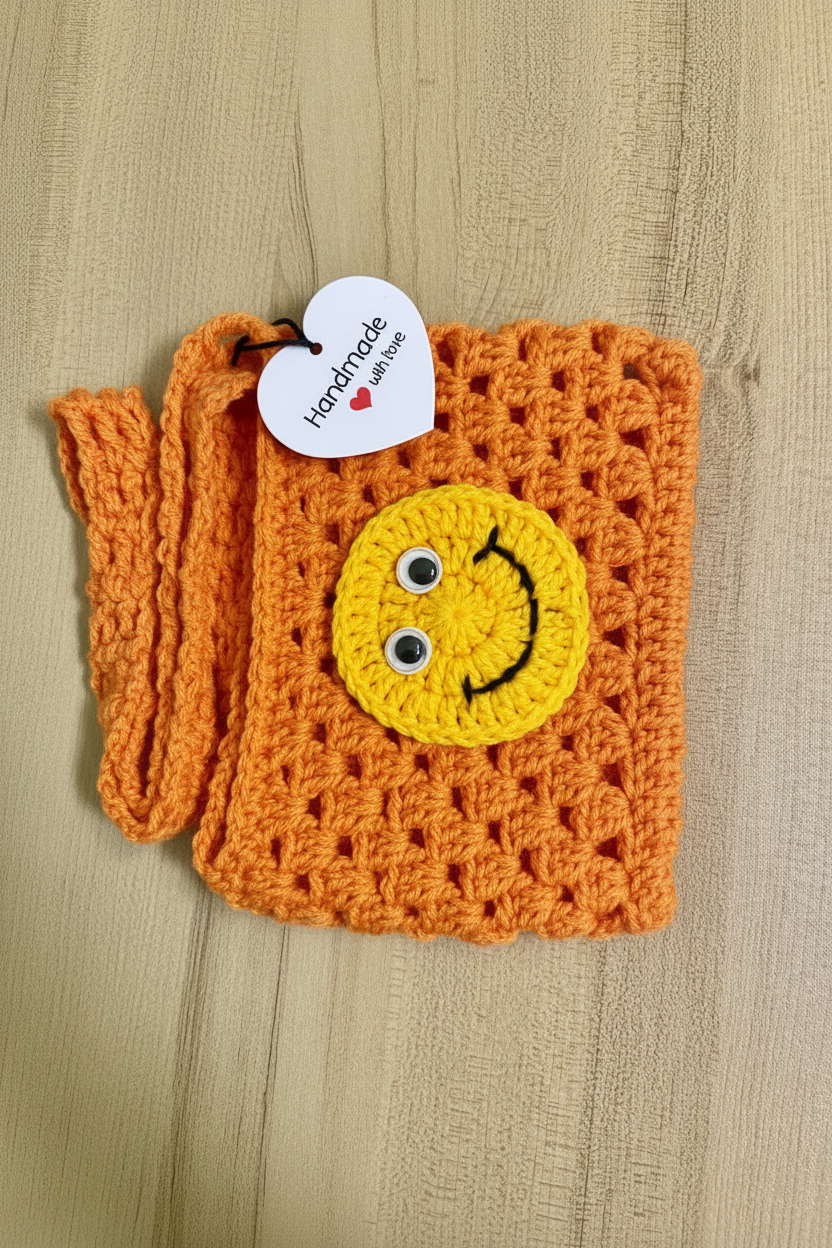 Handmade Crochet Smiley Face Mini Crossbody Bag for Girls | Cute Kids Crochet Sling Bag | Handmade Small Purse | Nesty Crafters