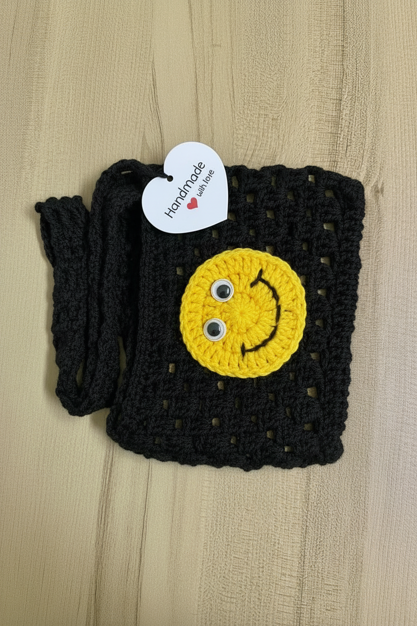 Handmade Crochet Smiley Face Mini Crossbody Bag for Girls | Cute Kids Crochet Sling Bag | Handmade Small Purse | Nesty Crafters
