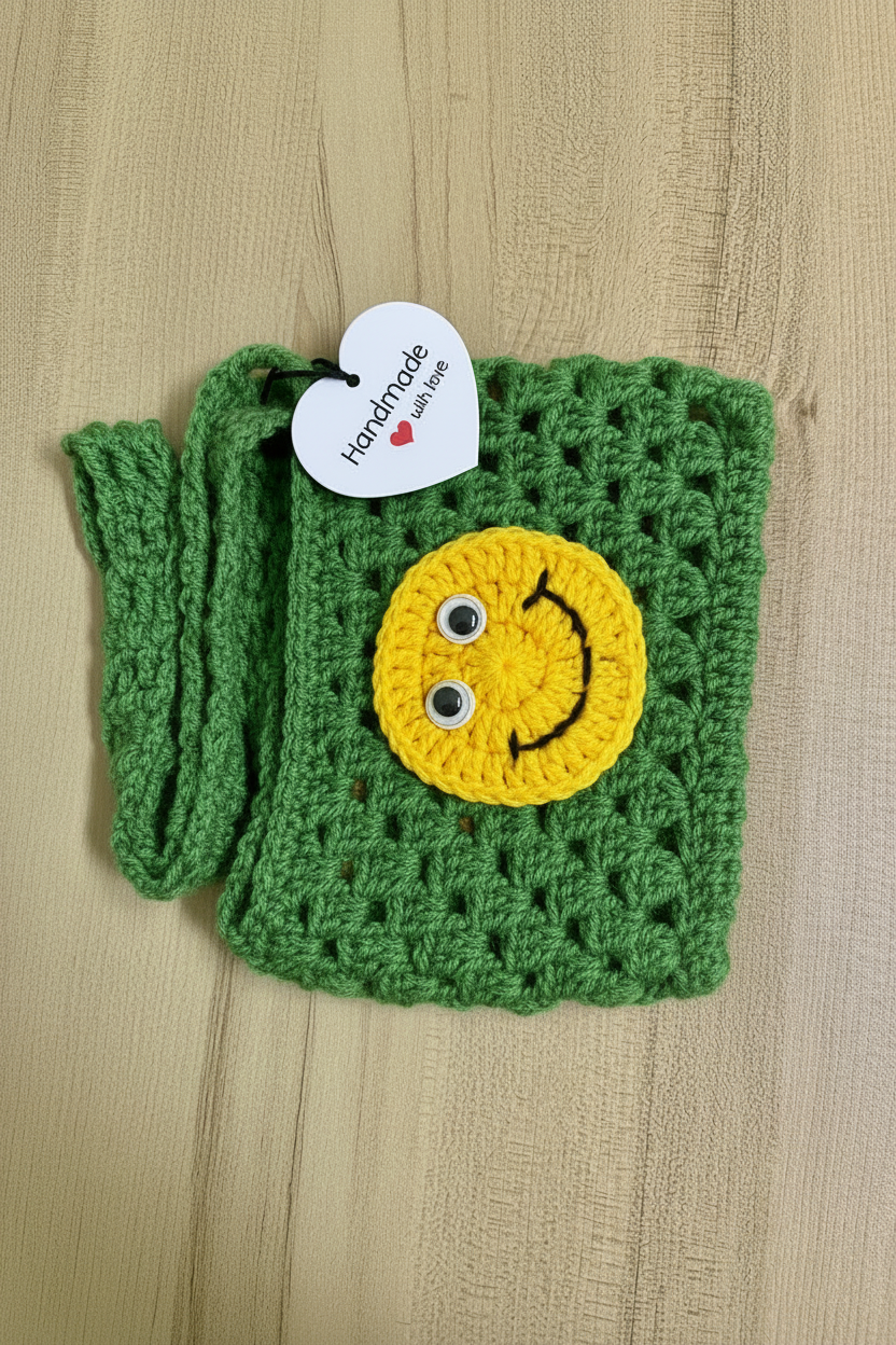Handmade Crochet Smiley Face Mini Crossbody Bag for Girls | Cute Kids Crochet Sling Bag | Handmade Small Purse | Nesty Crafters