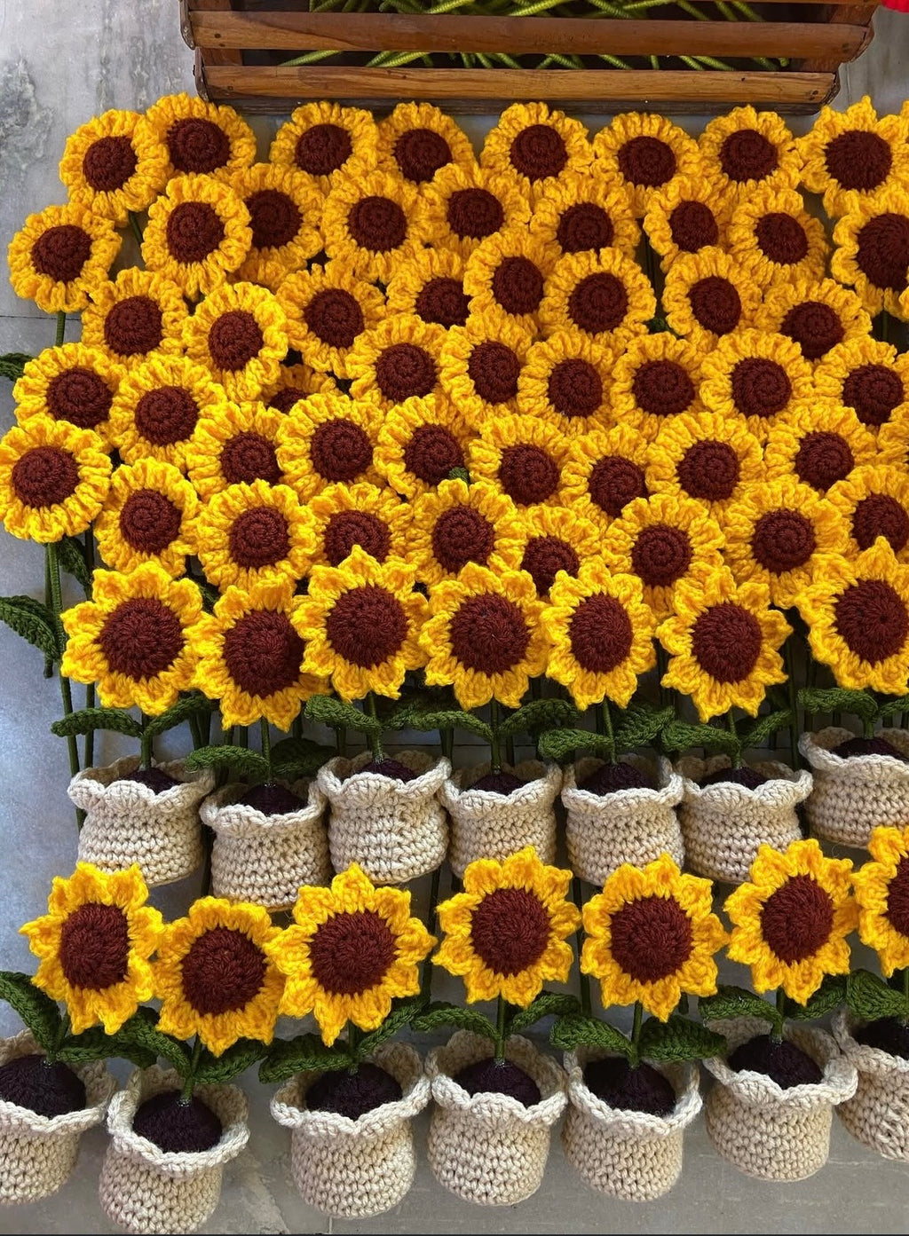 Crochet sunflower pots handmade home decor items | Nesty Crafters