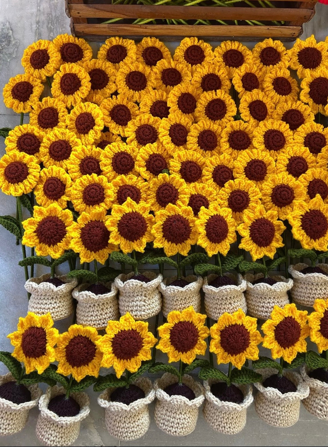 Crochet sunflower pots handmade home decor items | Nesty Crafters