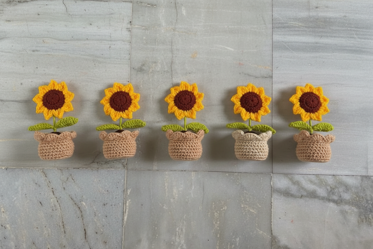 Crochet sunflower pots handmade home decor items | Nesty Crafters