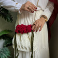 Handmade Crochet Rose Bucket Bag with Leather Bottom & Leather Strap | Elegant Floral Shoulder Bag | Nesty Crafters