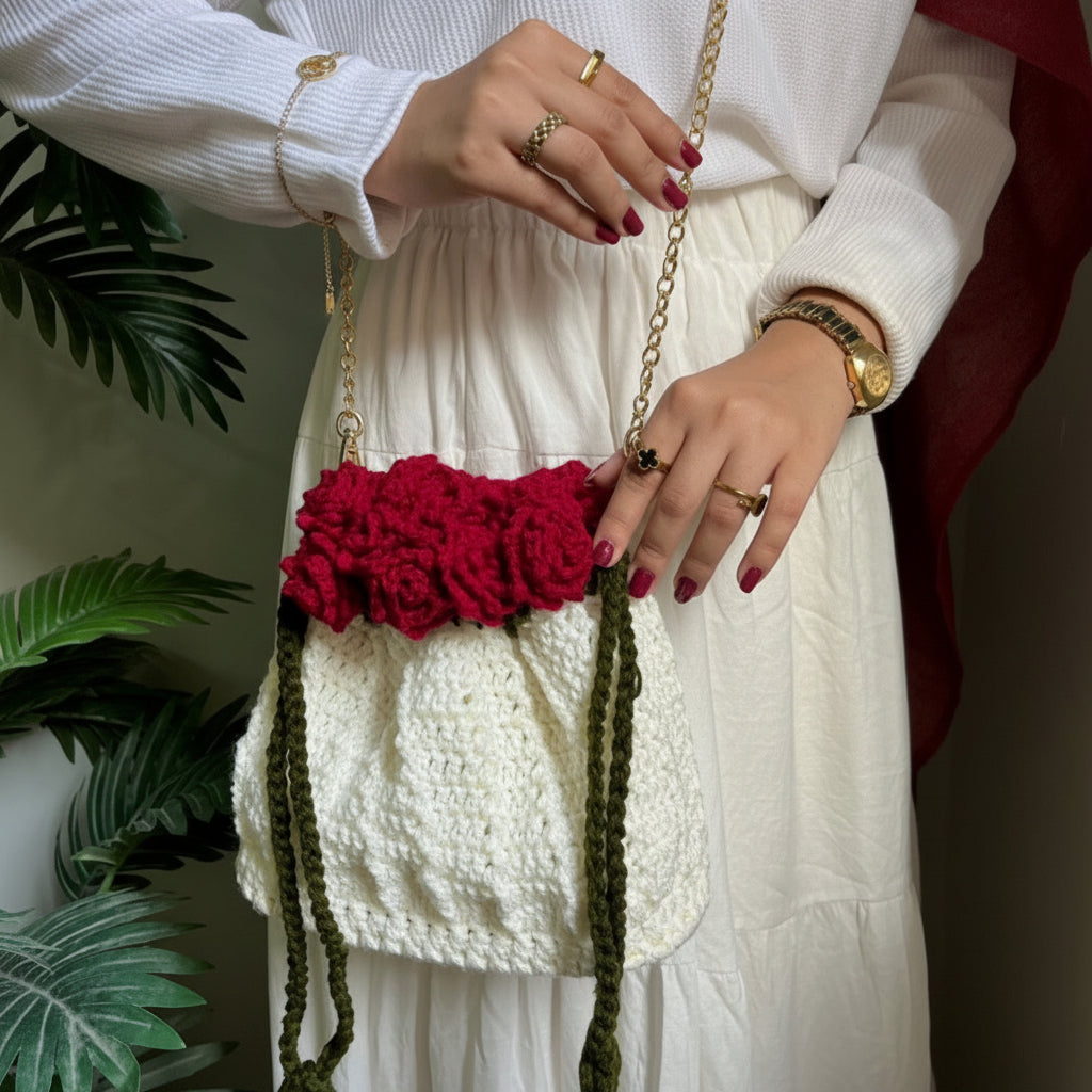 Handmade Crochet Rose Bucket Bag with Leather Bottom & Leather Strap | Elegant Floral Shoulder Bag | Nesty Crafters