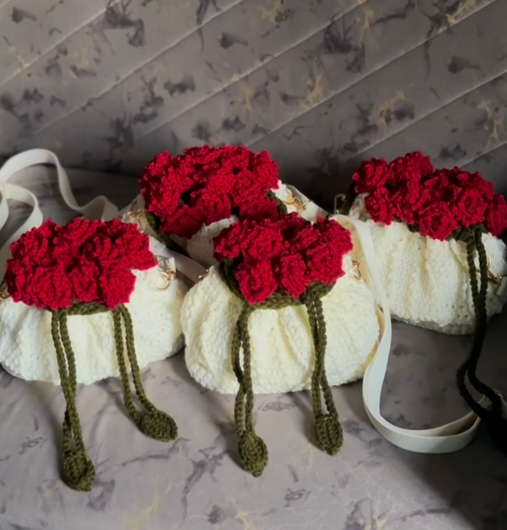 Handmade Crochet Rose Bucket Bag with Leather Bottom & Leather Strap | Elegant Floral Shoulder Bag | Nesty Crafters