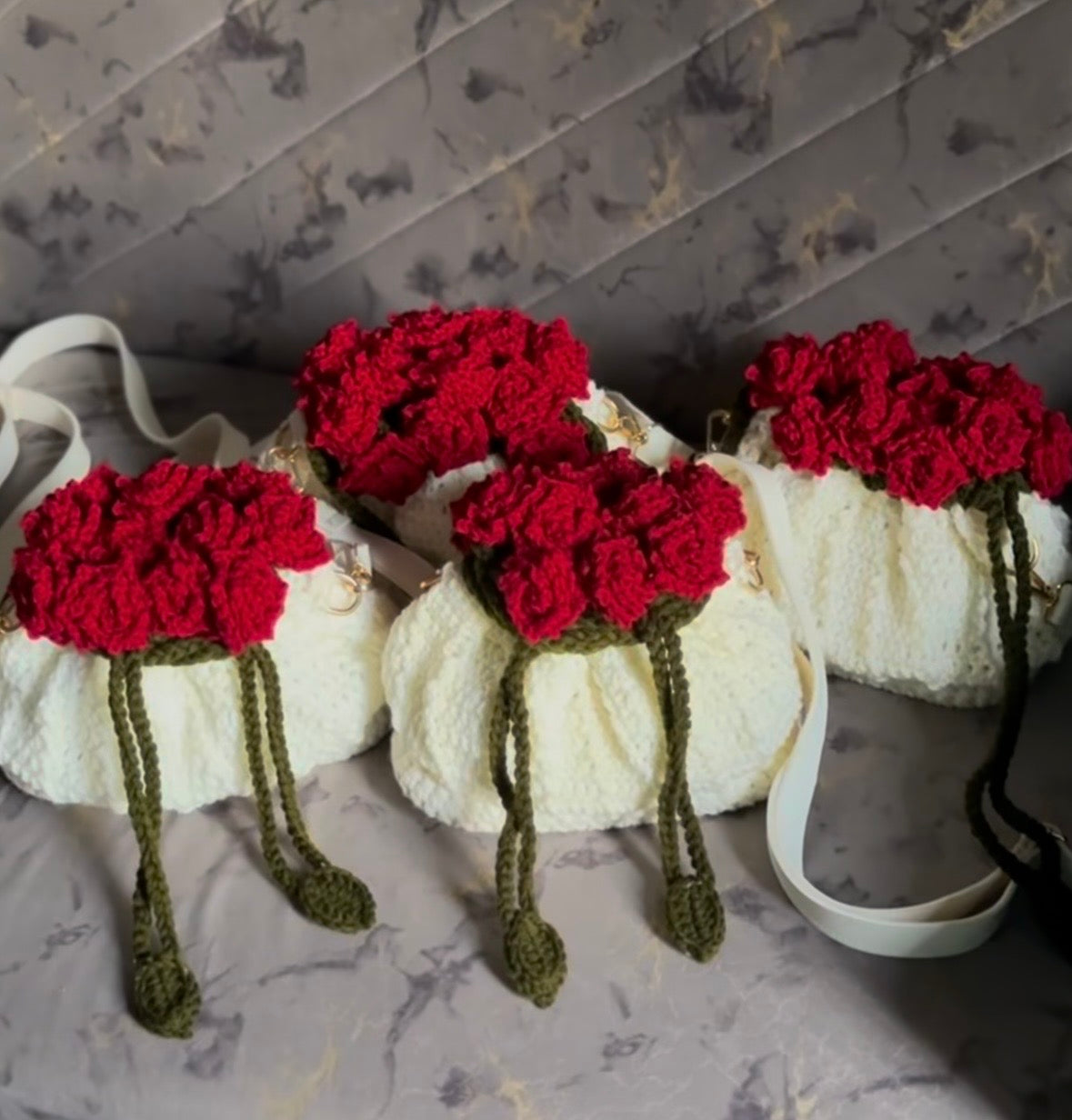 Handmade Crochet Rose Bucket Bag with Leather Bottom & Leather Strap | Elegant Floral Shoulder Bag | Nesty Crafters