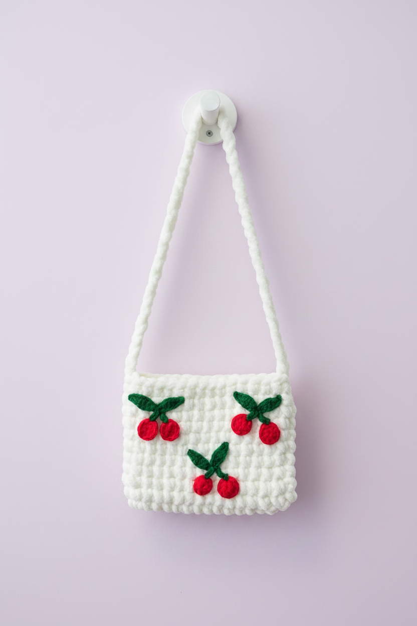 Handmade Crochet Cherry Crossbody Bag | Cute Plush Crochet Shoulder Bag | Aesthetic Cherry Purse for Girls & Women | Nesty Crafters