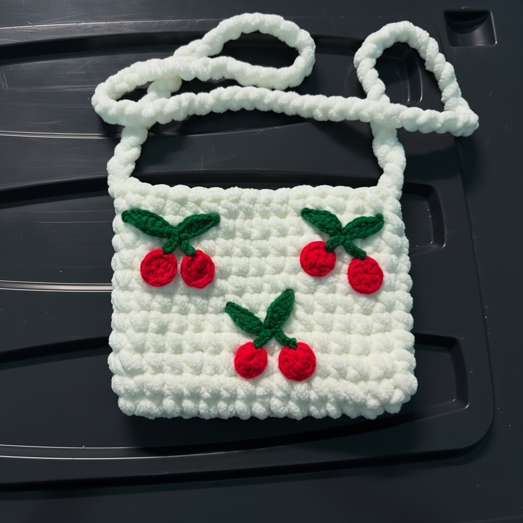 Handmade Crochet Cherry Crossbody Bag | Cute Plush Crochet Shoulder Bag | Aesthetic Cherry Purse for Girls & Women | Nesty Crafters