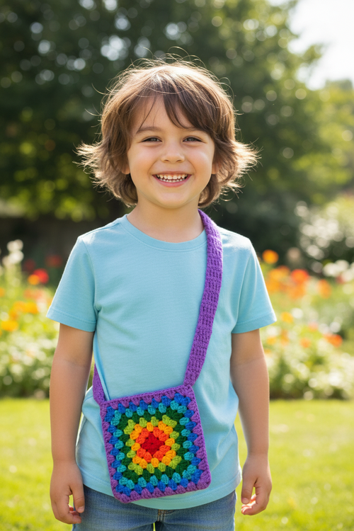 Crochet granny square rainbow color bags for kids | Nesty Crafters