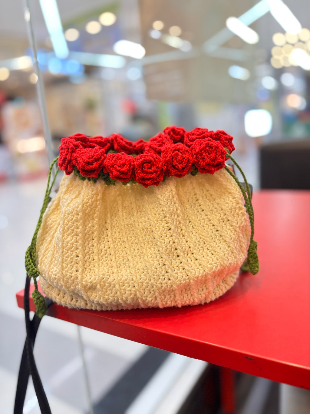 Handmade Crochet Rose Bucket Bag with Leather Bottom & Leather Strap | Elegant Floral Shoulder Bag | Nesty Crafters