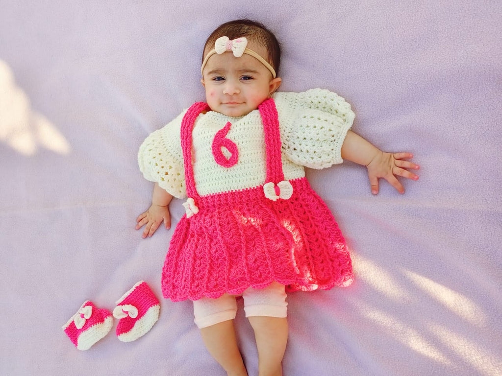 Handmade Crochet Monthly Milestone Baby Frock | Crochet Number Outfit for Baby Girl | First Year Birthday Photoshoot Dress | Newborn Gift | Nesty Crafters