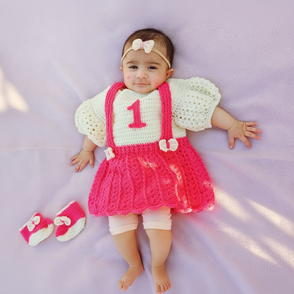 Handmade Crochet Monthly Milestone Baby Frock | Crochet Number Outfit for Baby Girl | First Year Birthday Photoshoot Dress | Newborn Gift | Nesty Crafters