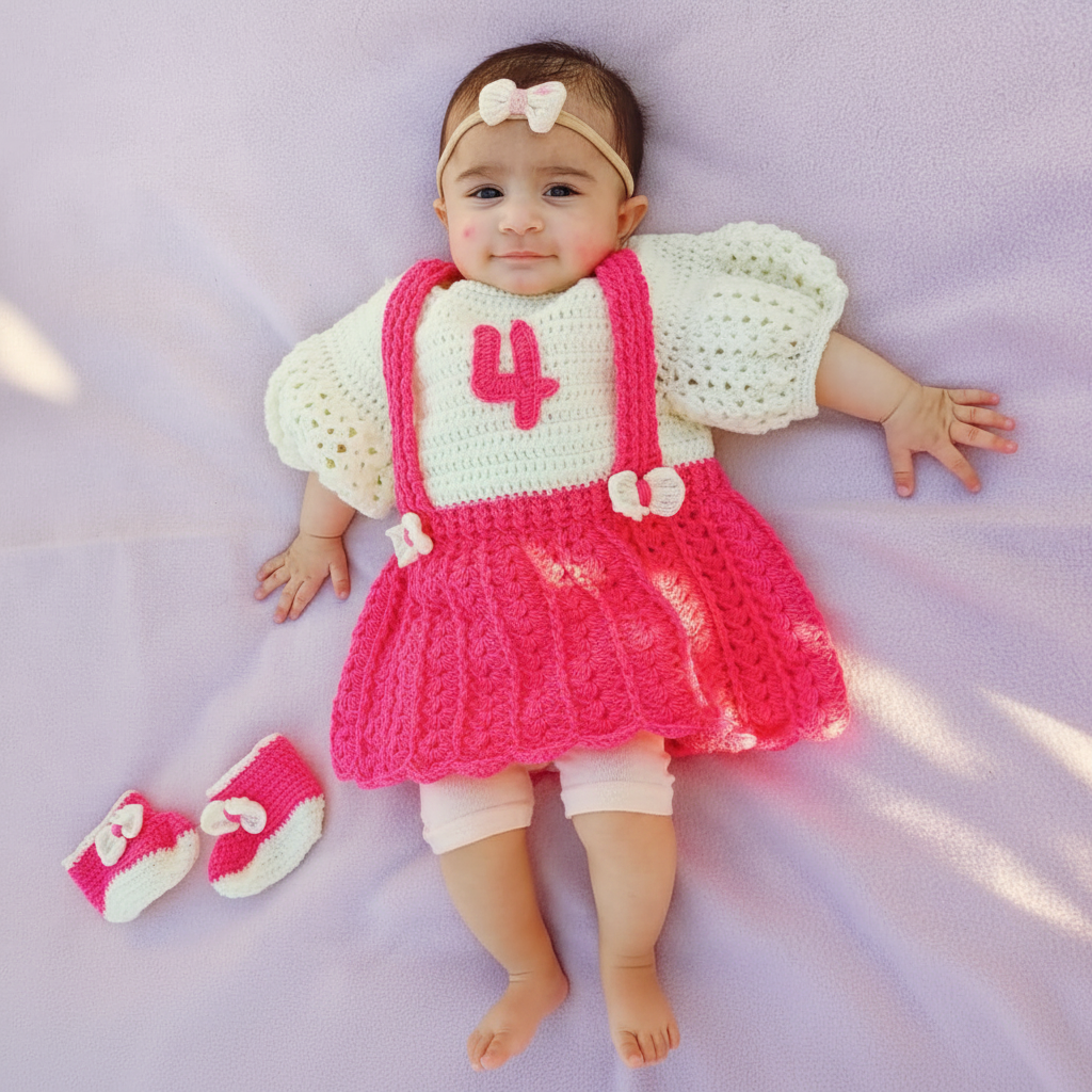Handmade Crochet Monthly Milestone Baby Frock | Crochet Number Outfit for Baby Girl | First Year Birthday Photoshoot Dress | Newborn Gift | Nesty Crafters
