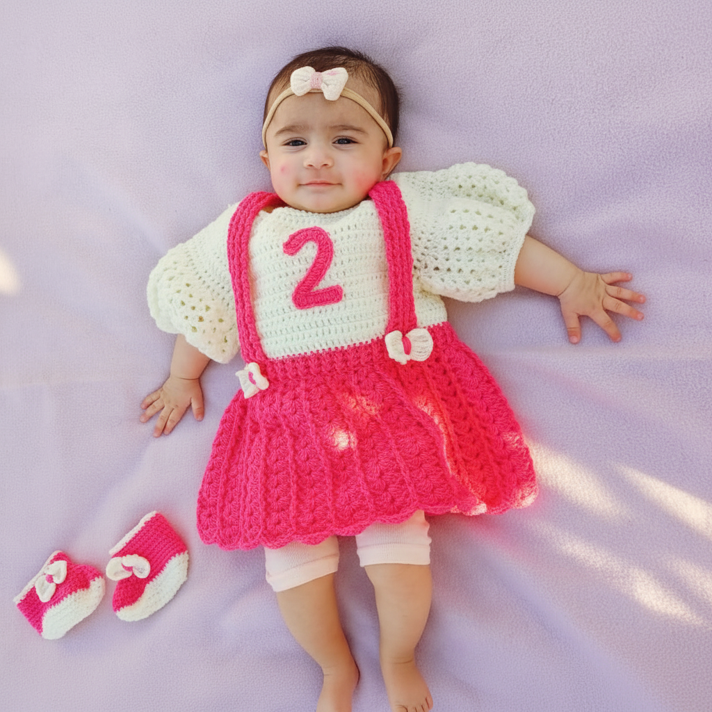Handmade Crochet Monthly Milestone Baby Frock | Crochet Number Outfit for Baby Girl | First Year Birthday Photoshoot Dress | Newborn Gift | Nesty Crafters