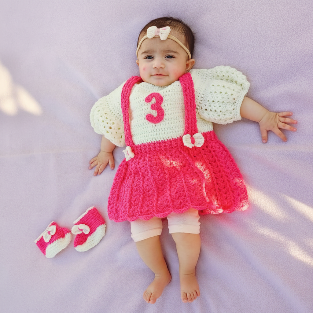 Handmade Crochet Monthly Milestone Baby Frock | Crochet Number Outfit for Baby Girl | First Year Birthday Photoshoot Dress | Newborn Gift | Nesty Crafters
