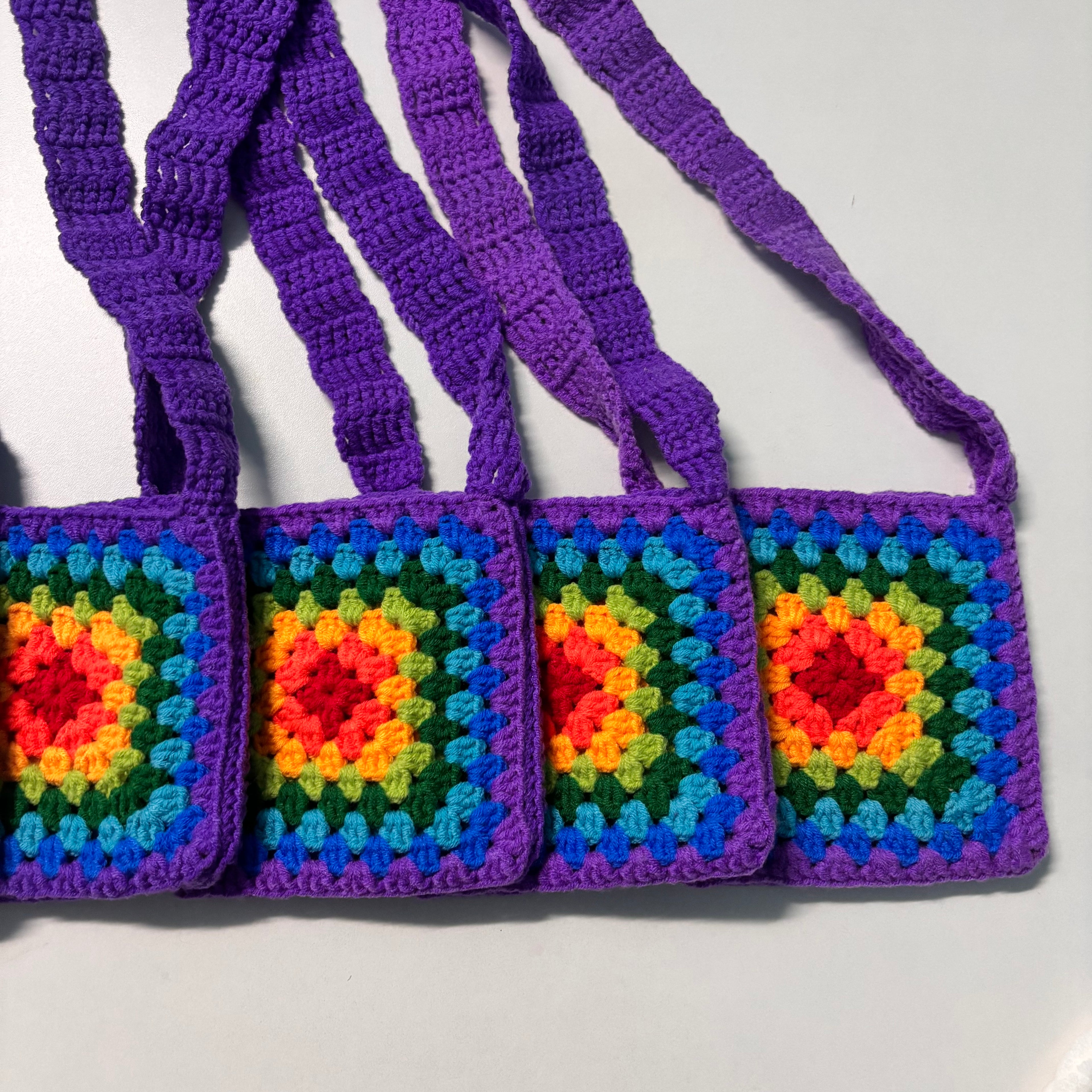 Crochet granny square rainbow color bags for kids | Nesty Crafters