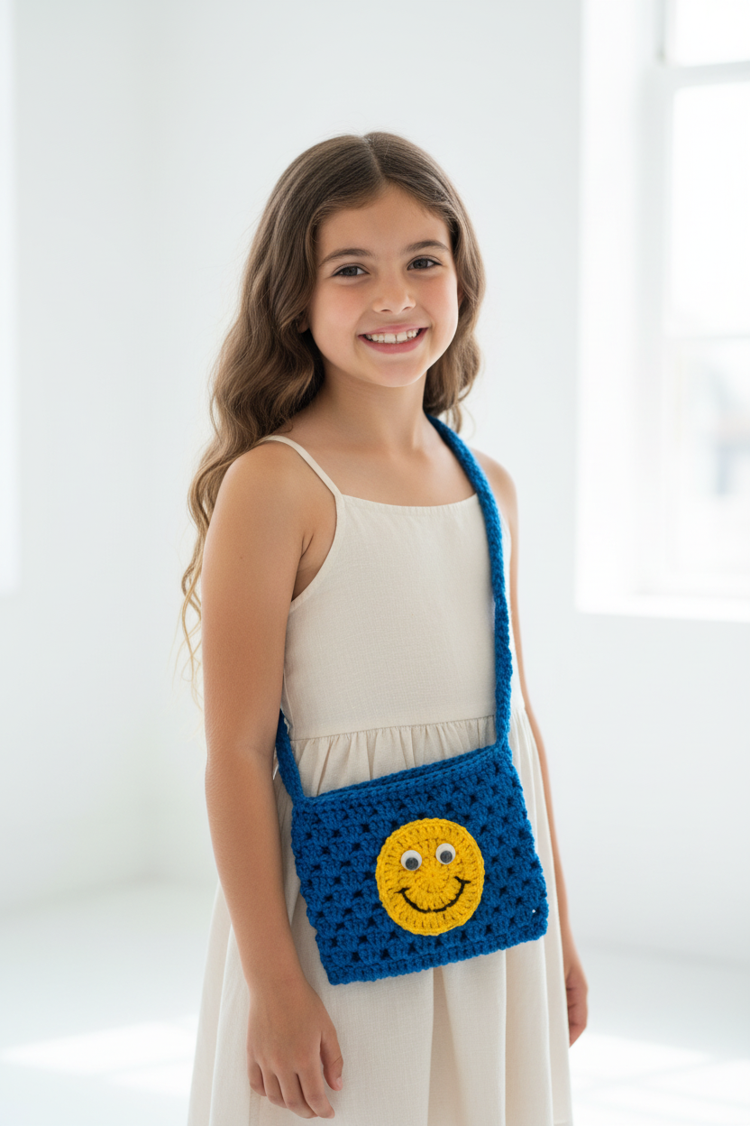 Handmade Crochet Smiley Face Mini Crossbody Bag for Girls | Cute Kids Crochet Sling Bag | Handmade Small Purse | Nesty Crafters