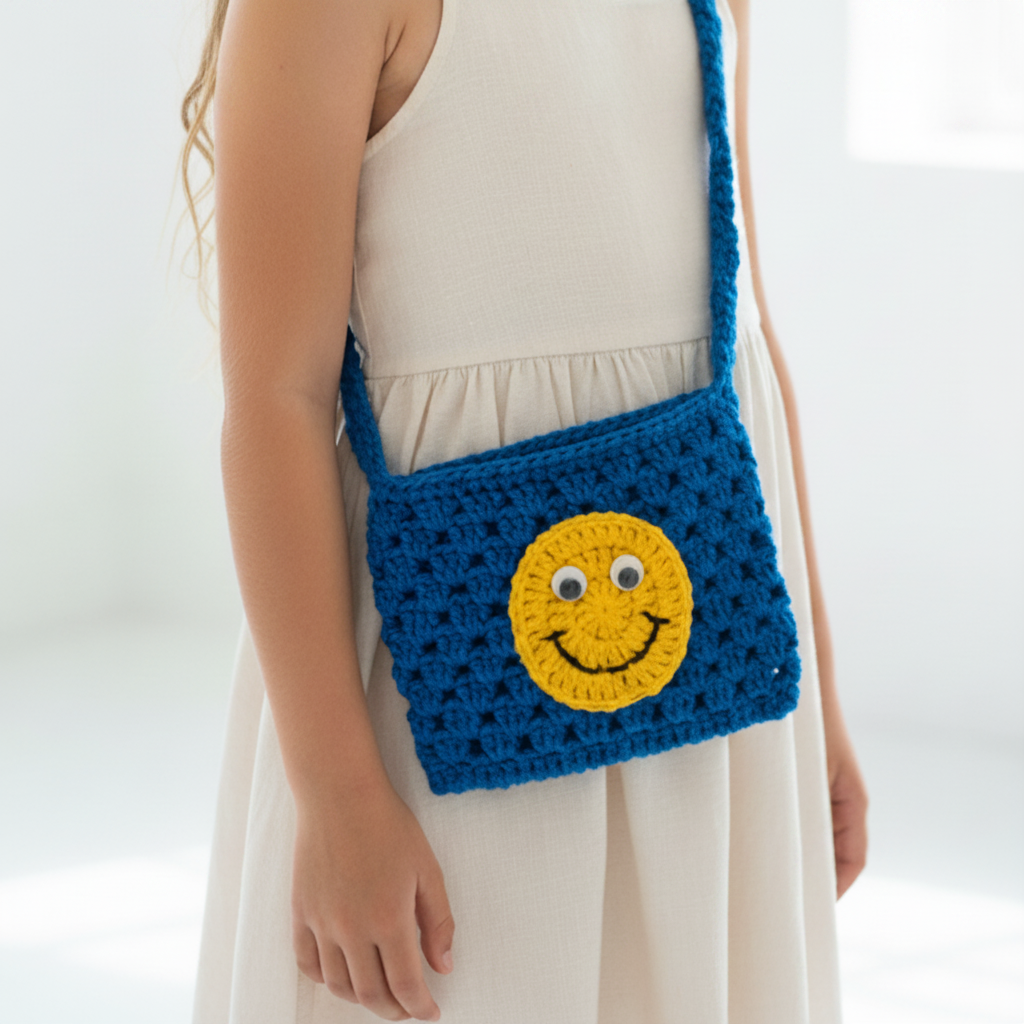 Handmade Crochet Smiley Face Mini Crossbody Bag for Girls | Cute Kids Crochet Sling Bag | Handmade Small Purse | Nesty Crafters
