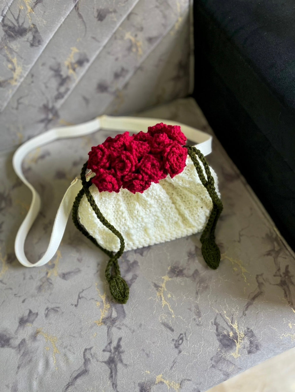Handmade Crochet Rose Bucket Bag with Leather Bottom & Leather Strap | Elegant Floral Shoulder Bag | Nesty Crafters