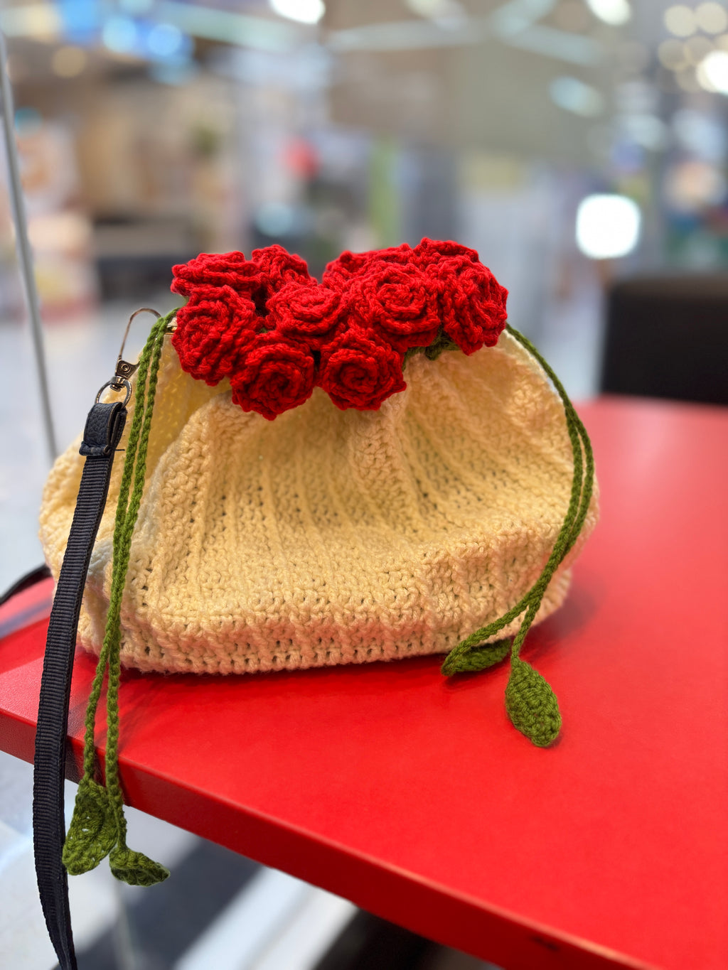 Handmade Crochet Rose Bucket Bag with Leather Bottom & Leather Strap | Elegant Floral Shoulder Bag | Nesty Crafters