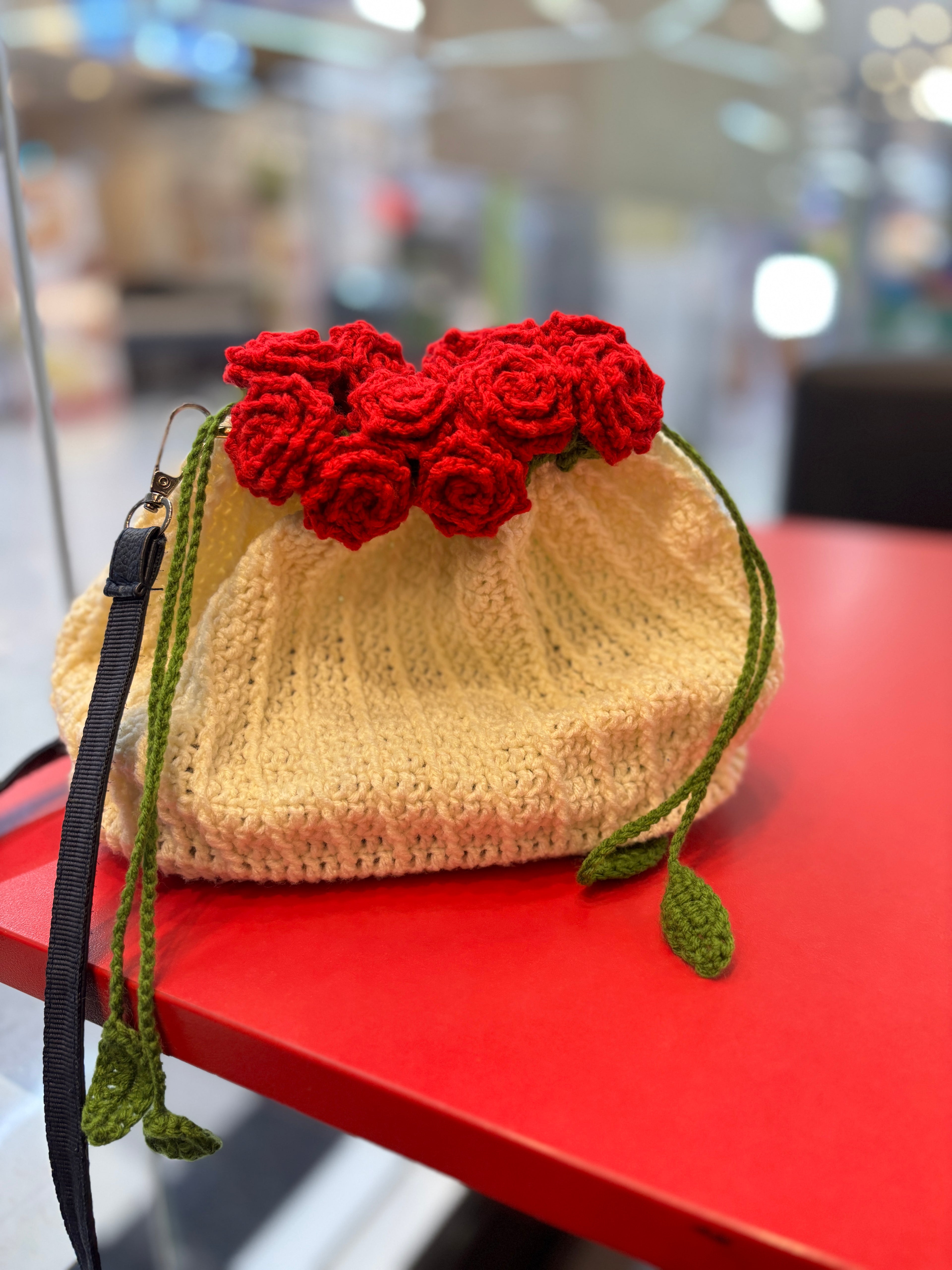 Handmade Crochet Rose Bucket Bag with Leather Bottom & Leather Strap | Elegant Floral Shoulder Bag | Nesty Crafters